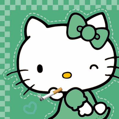Hello kitty smoking with a green bow and background. She is litterally my spirit animal i swear!